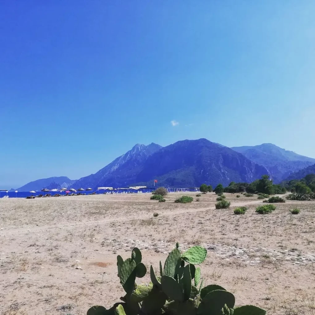 Sahil kenarında dağ manzaralı kamp