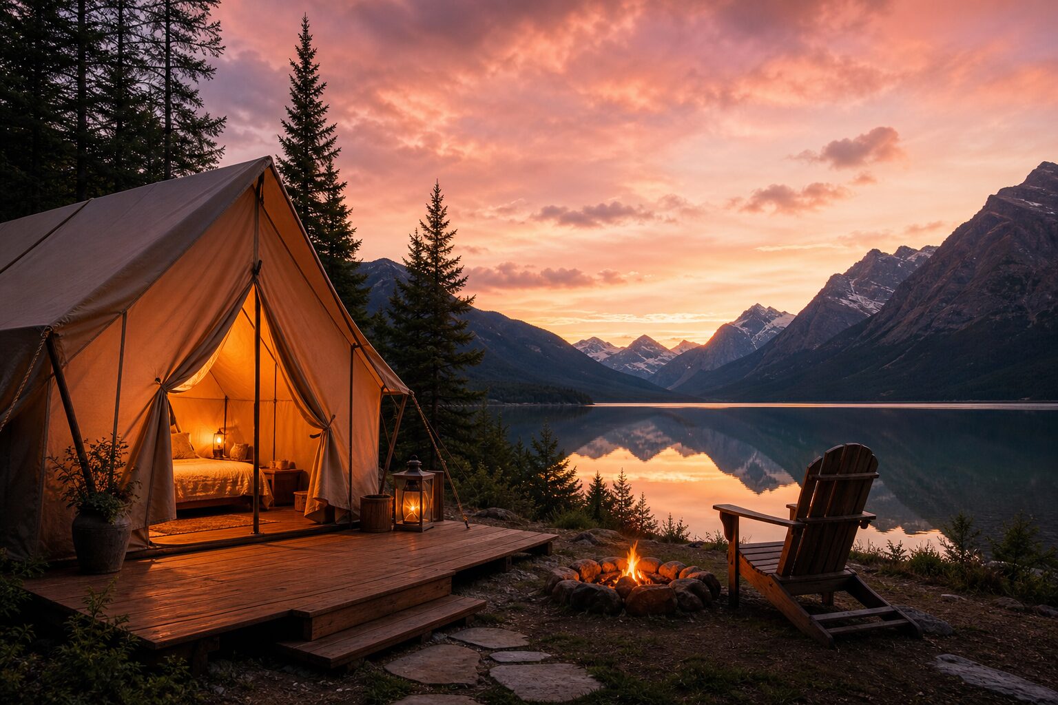 Kamp yeri Instagram reklam içerik örneği — gün batımında glamping çadırı, ateş ve dağ manzarası
